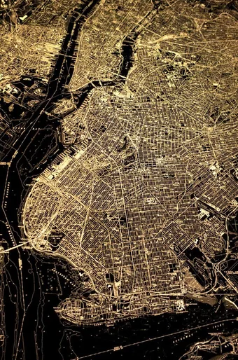 1970s-era illuminated topographic map of New York City.